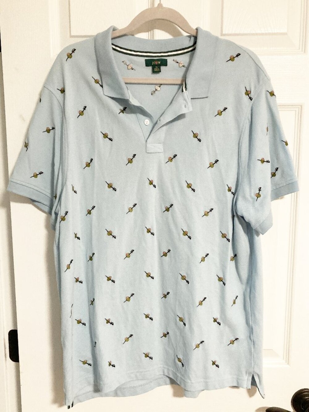 J. Crew Embroidered Olive Cocktail Pick Polo Shirt 100% Cotton Blue XL